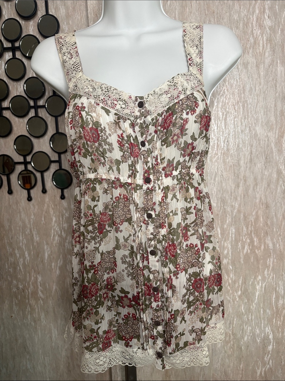 Maurices Cream Floral Lace-Trim Button Front Camisole